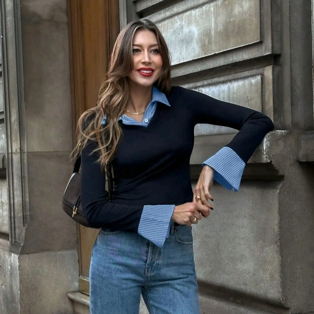Stylish Black and Blue Sweater with Flared Cuffs